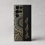 Royal Mandala Customized Name Mobile Skin — rear view showing the black and gold mandala design with gold cursive sample name