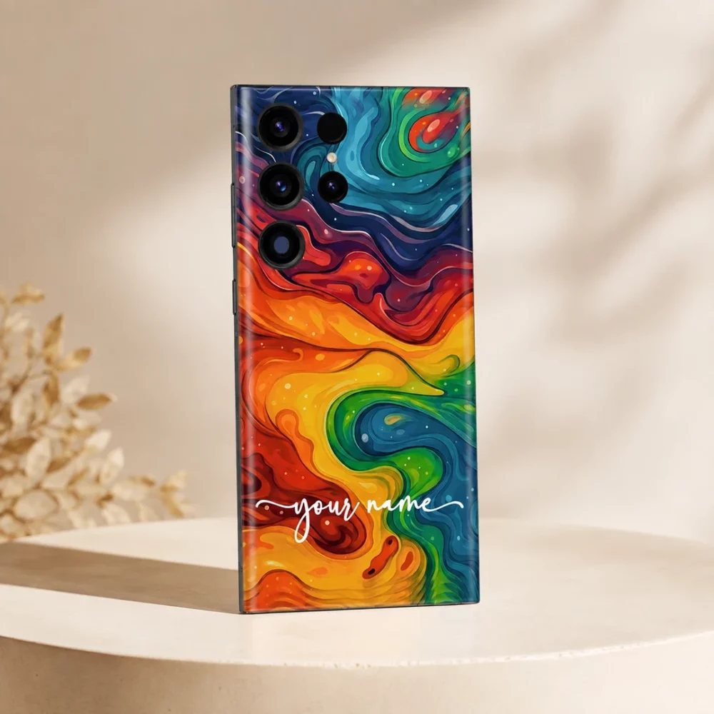 Vibrant Galaxy Customized Name Mobile Skin — angled view showing vibrant rainbow swirling abstract artwork with white cursive sample name