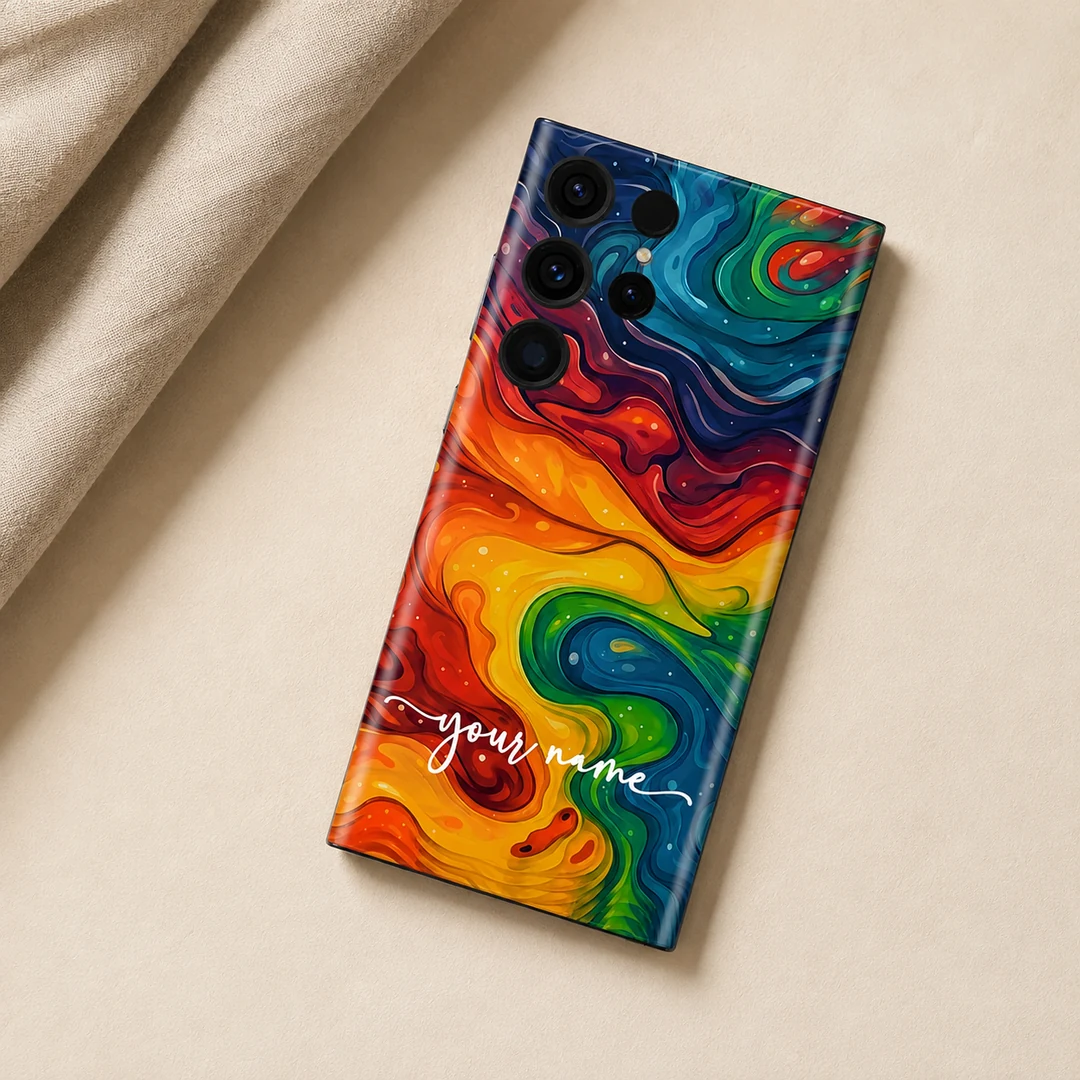 Vibrant Galaxy Customized Name Mobile Skin - flat lay Vibrant Galaxy Customized Name Mobile Skin — flat lay showing vibrant rainbow swirling abstract artwork with white cursive sample name