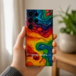 Vibrant Galaxy Customized Name Mobile Skin — in hand showing vibrant rainbow swirling abstract artwork with white cursive sample name