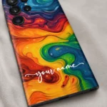 Vibrant Galaxy Customized Name Mobile Skin — name detail showing vibrant rainbow swirling abstract artwork with white cursive sample name