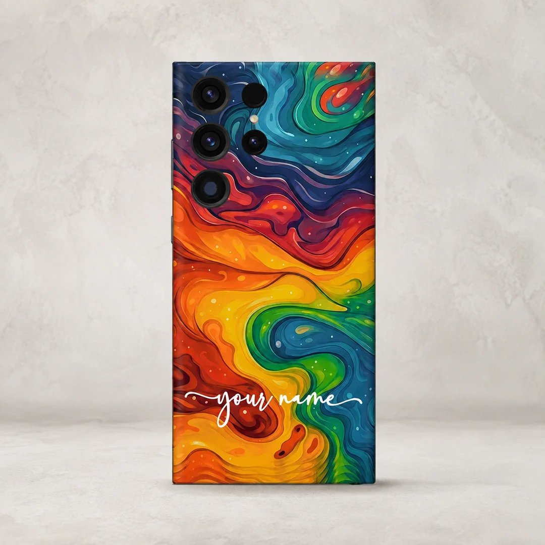 Vibrant Galaxy Customized Name Mobile Skin - rear view Vibrant Galaxy Customized Name Mobile Skin — rear view showing vibrant rainbow swirling abstract artwork with white cursive sample name