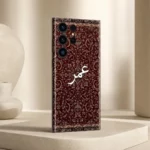 Damask Dunes Custom Name Mobile Skin — angled view showing burgundy damask floral artwork and white personalised calligraphy