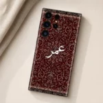 Damask Dunes Custom Name Mobile Skin — flat lay showing burgundy damask floral artwork and white personalised calligraphy
