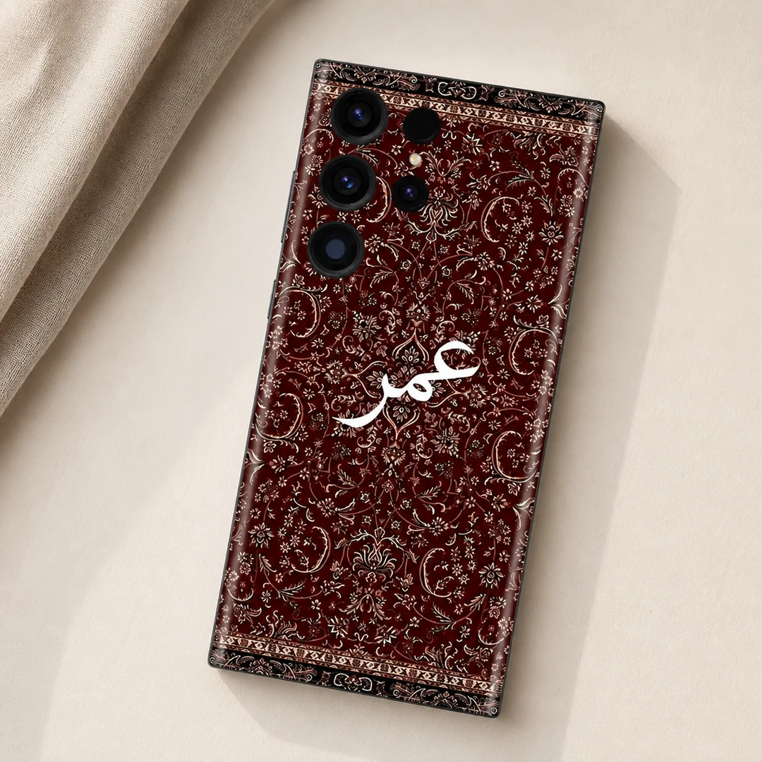 Damask Dunes Custom Name Mobile Skin - flat lay Damask Dunes Custom Name Mobile Skin — flat lay showing burgundy damask floral artwork and white personalised calligraphy