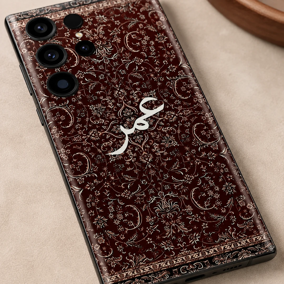 Damask Dunes Custom Name Mobile Skin - name detail Damask Dunes Custom Name Mobile Skin — name detail showing burgundy damask floral artwork and white personalised calligraphy