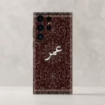Damask Dunes Custom Name Mobile Skin — rear view showing burgundy damask floral artwork and white personalised calligraphy