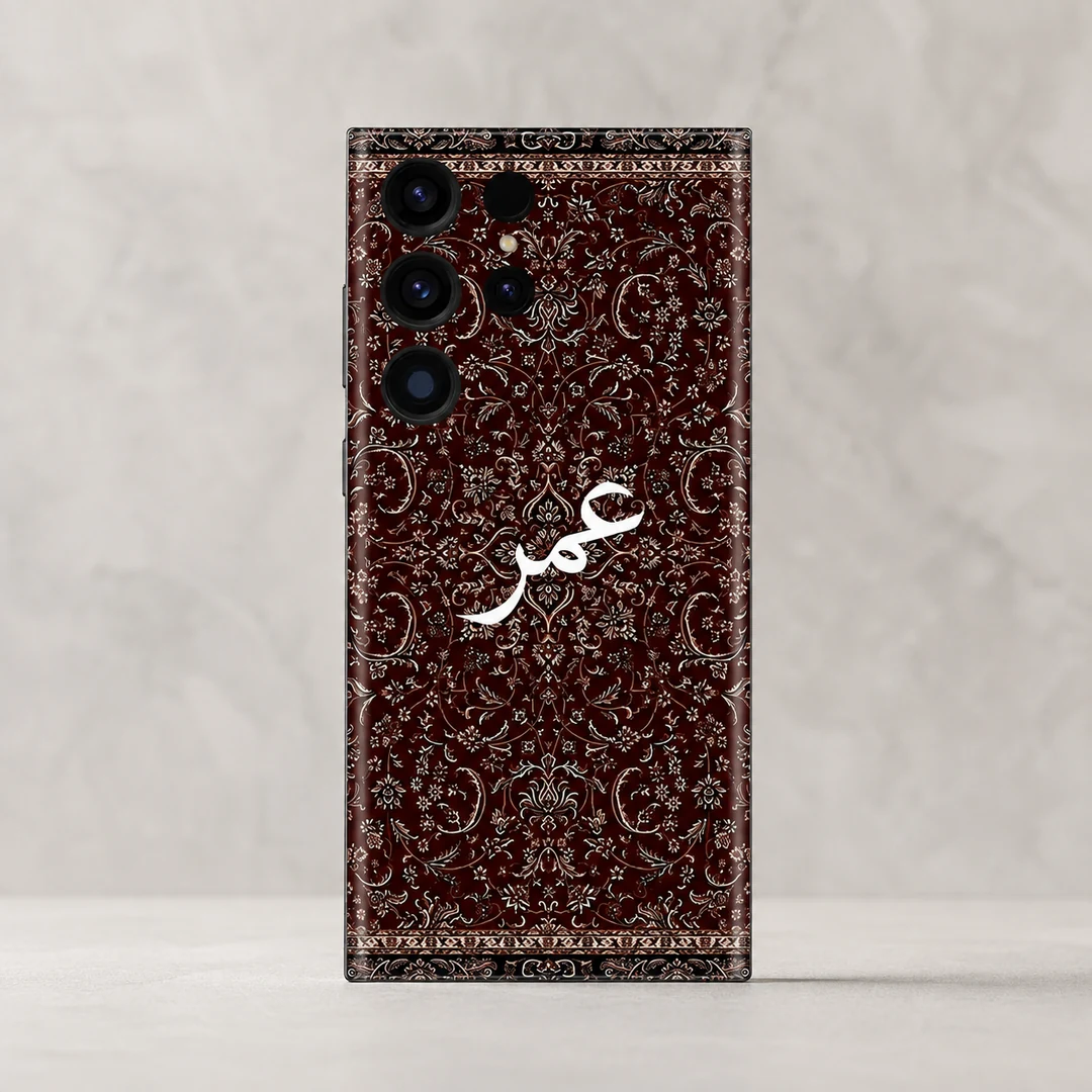 Damask Dunes Custom Name Mobile Skin - rear view Damask Dunes Custom Name Mobile Skin — rear view showing burgundy damask floral artwork and white personalised calligraphy