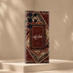 Sultan’s Grace Custom Name Mobile Skin — angled view showing burgundy, cream and black Persian rug motifs with central cream calligraphy
