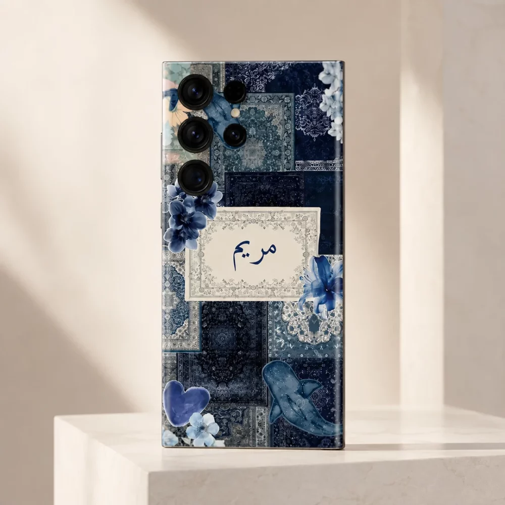 Velvet Persia Custom Name Mobile Skin — angled view showing navy Persian patterns, blue flowers and a cream custom name panel