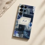 Velvet Persia Custom Name Mobile Skin — flat lay showing navy Persian patterns, blue flowers and a cream custom name panel