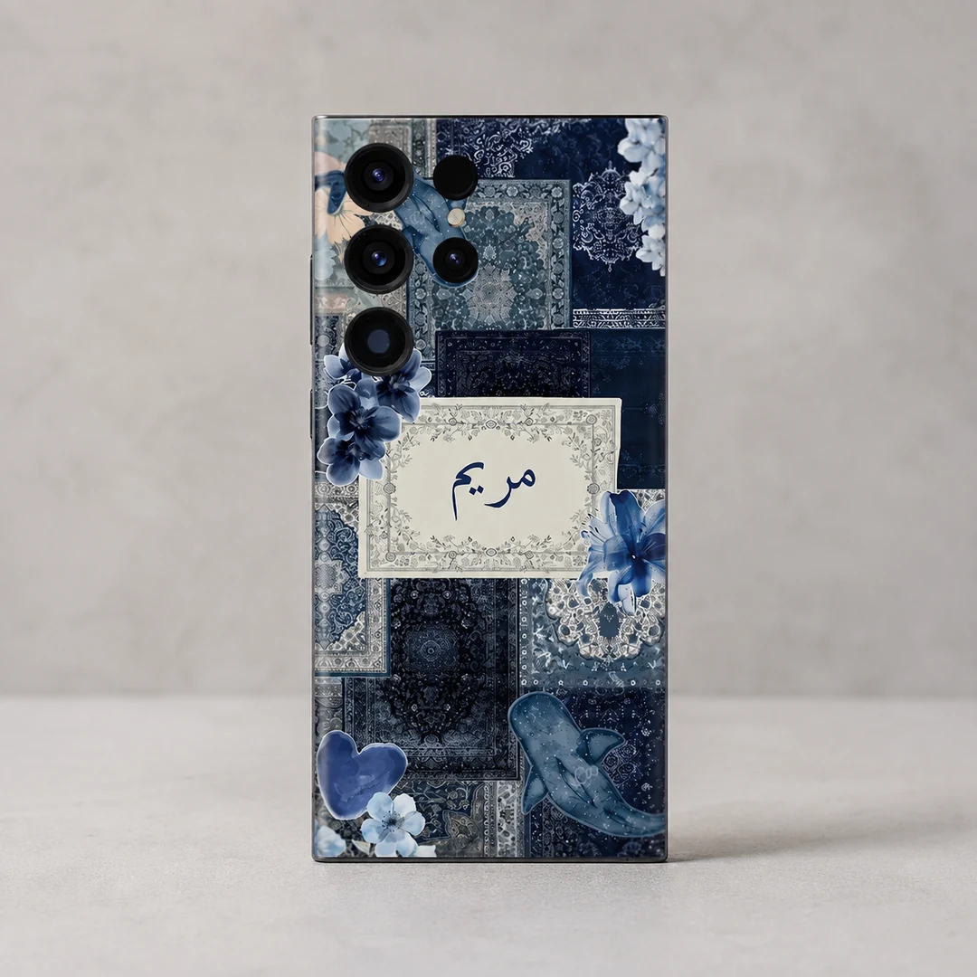Velvet Persia Custom Name Mobile Skin - rear view Velvet Persia Custom Name Mobile Skin — rear view showing navy Persian patterns, blue flowers and a cream custom name panel