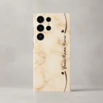 Cream Marble Custom Name Mobile Skin — rear view showing warm cream marble with brown hearts and cursive sample name