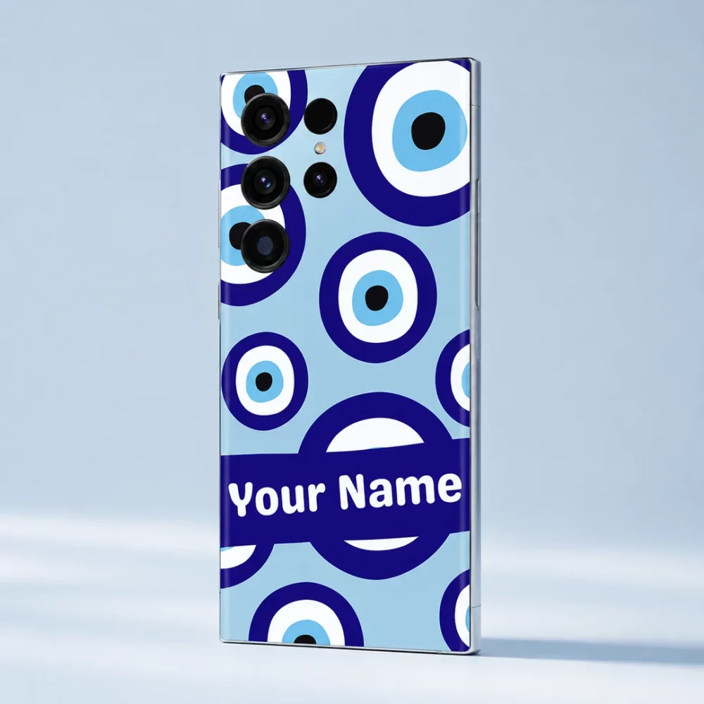 Angled rear view of Evil Eye Custom Name Mobile Skin with blue Nazar pattern and personalised name strip