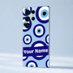 Angled rear view of Evil Eye Custom Name Mobile Skin with blue Nazar pattern and personalised name strip