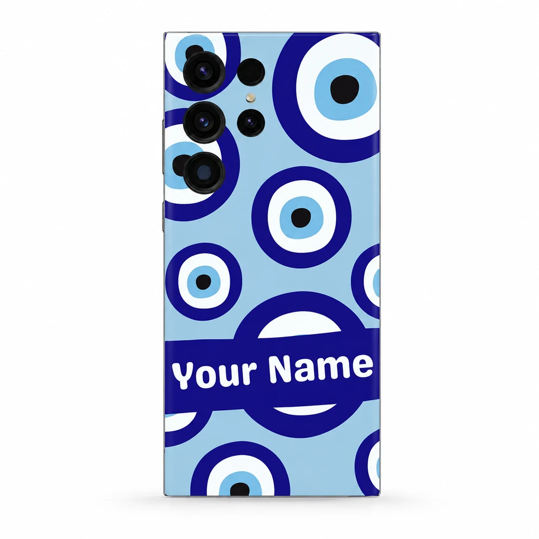 Evil Eye Custom Name Mobile Skin - Hero Evil Eye Custom Name Mobile Skin with blue and white Nazar pattern and Your Name strip, rear view