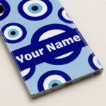 Close-up of the Your Name strip and blue and white evil eye pattern on the custom mobile skin