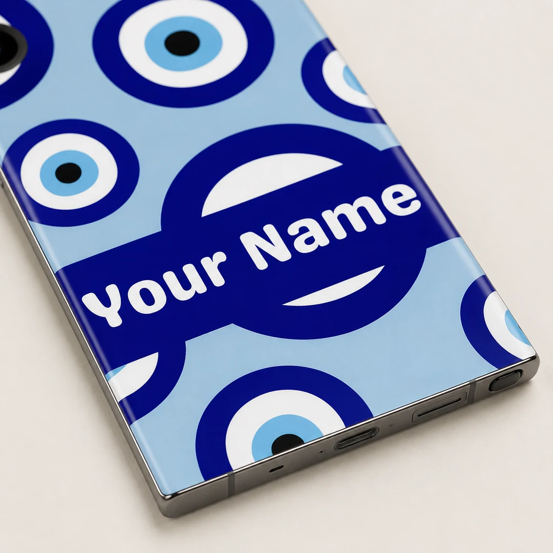 Evil Eye Custom Name Mobile Skin - Name Detail Close-up of the Your Name strip and blue and white evil eye pattern on the custom mobile skin
