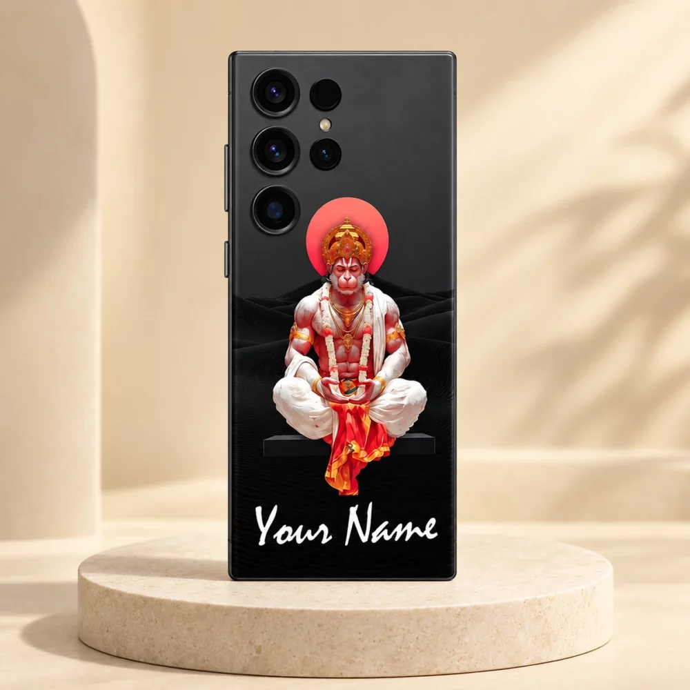 Hanumanji meditation custom name mobile skin with red halo and white sample name on an ivory pedestal