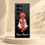 Hanumanji meditation custom name mobile skin with red halo and white sample name on an ivory pedestal