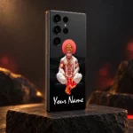Black Hanumanji meditation name skin with red halo in warm amber studio light