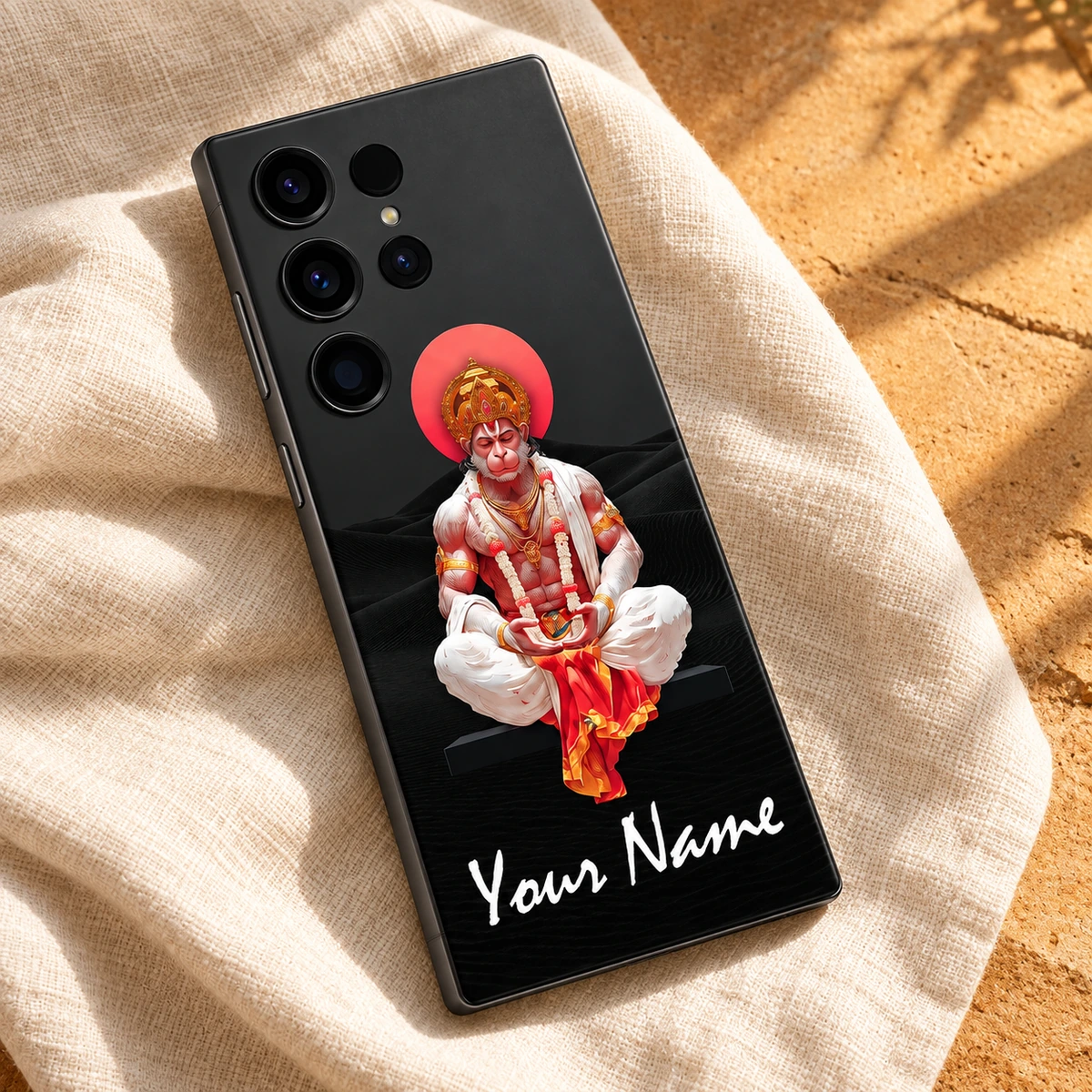 Hanumanji Meditation Custom Name Mobile Skin - Ivory flatlay Hanumanji custom name mobile skin with white and red artwork on ivory linen