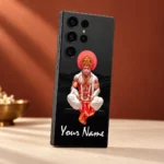 Detailed view of meditating Hanumanji with gold crown red halo and white custom name on black skin