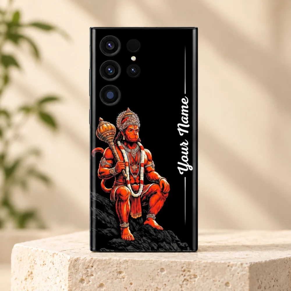 Lord Hanuman Gada Custom Name Mobile Skin upright on a pale ivory stone pedestal