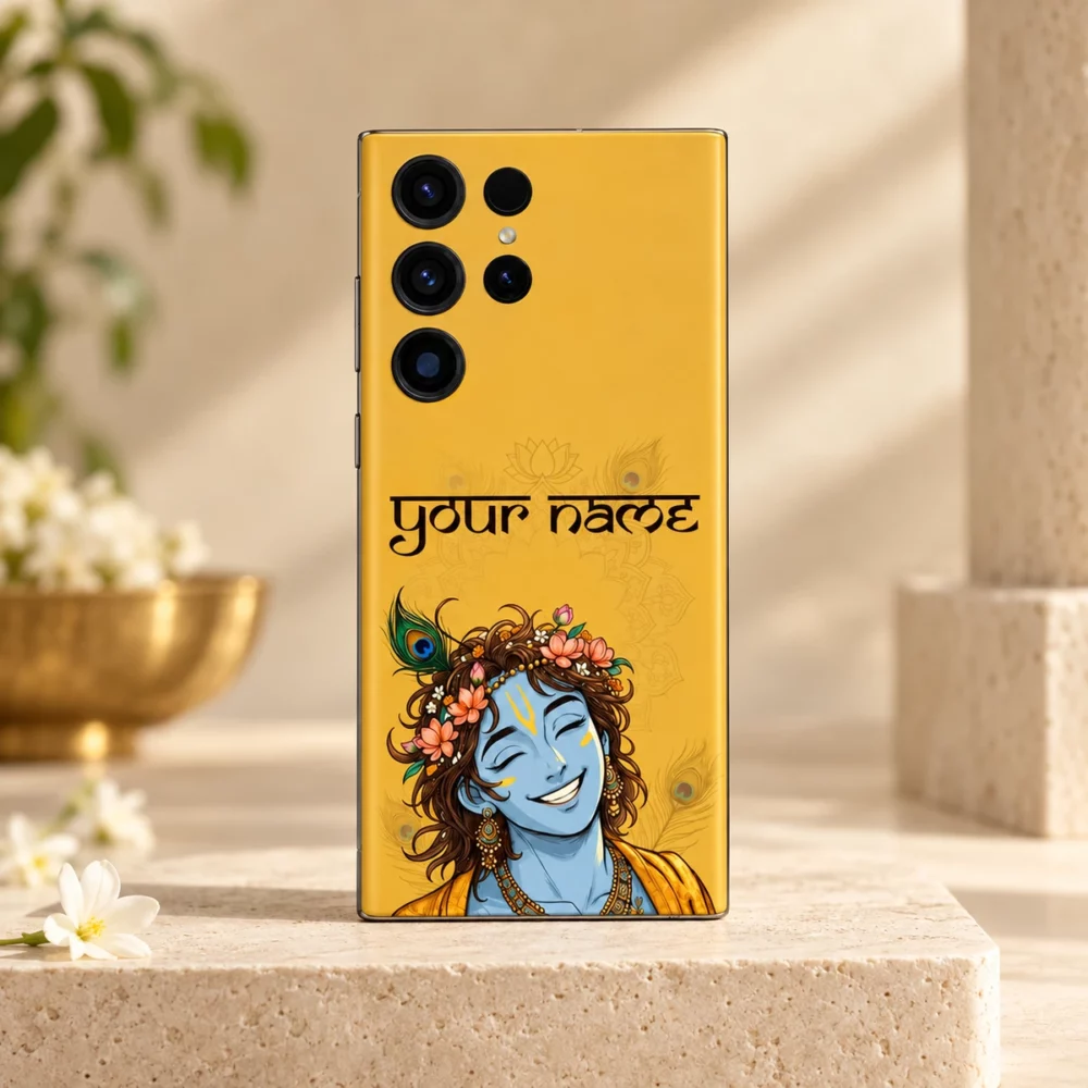 Lord Krishna floral custom name mobile skin with smiling blue portrait on yellow and sample your name text on ivory stone