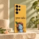 Yellow Lord Krishna custom name mobile skin with peach flowers in a sage studio