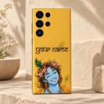 Close view of sample your name lettering and smiling Krishna artwork on yellow mobile skin