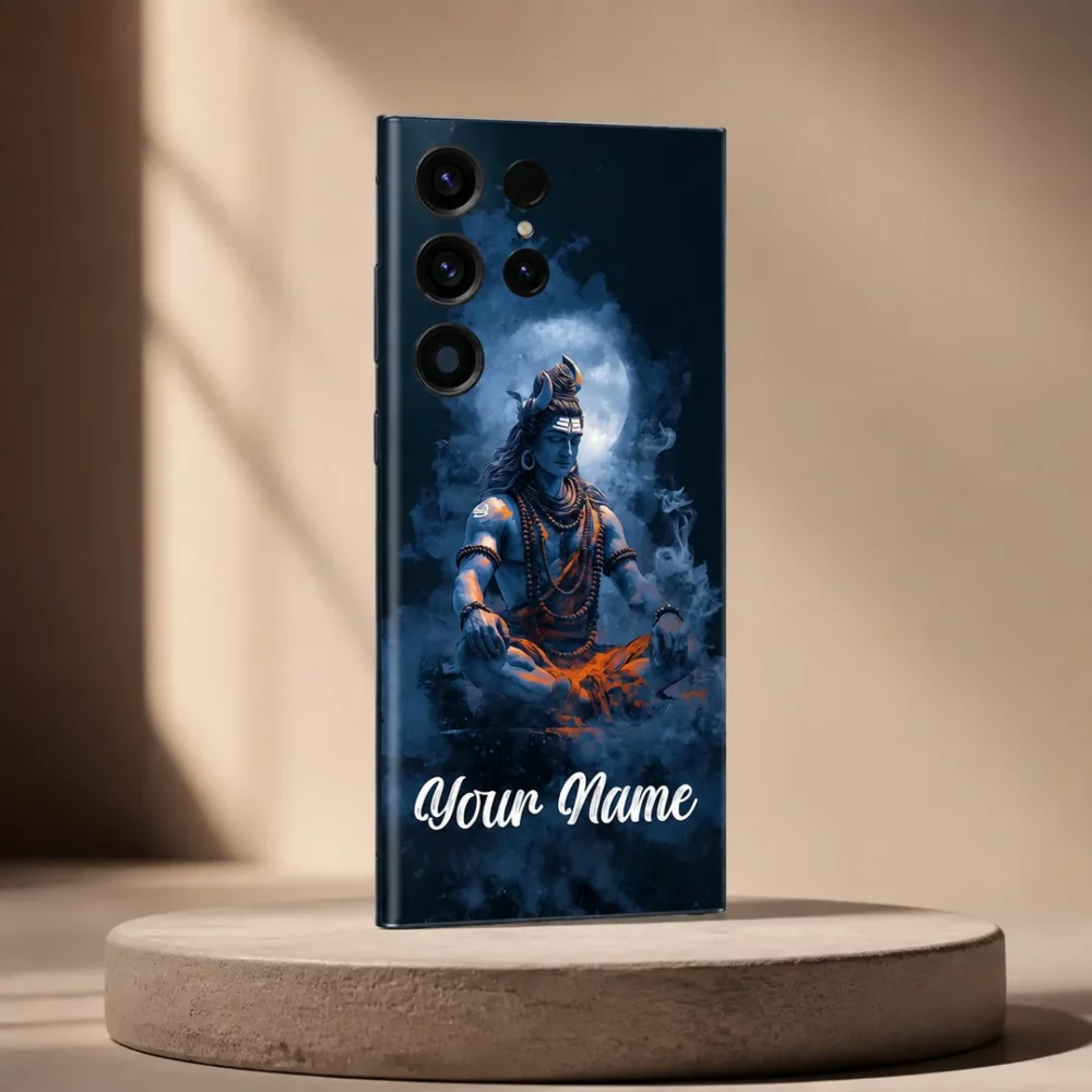 Lord Shiva Custom Name Mobile Skin — angled view showing meditating blue Shiva with orange accents, moon and smoke, above white sample name