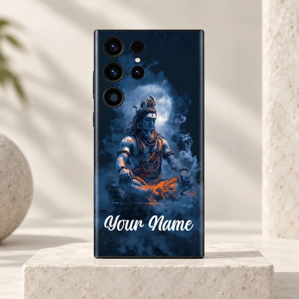 Lord Shiva moonlight custom name mobile skin with blue meditation artwork and Your Name sample on an ivory pedestal