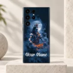 Lord Shiva moonlight custom name mobile skin with blue meditation artwork and Your Name sample on an ivory pedestal