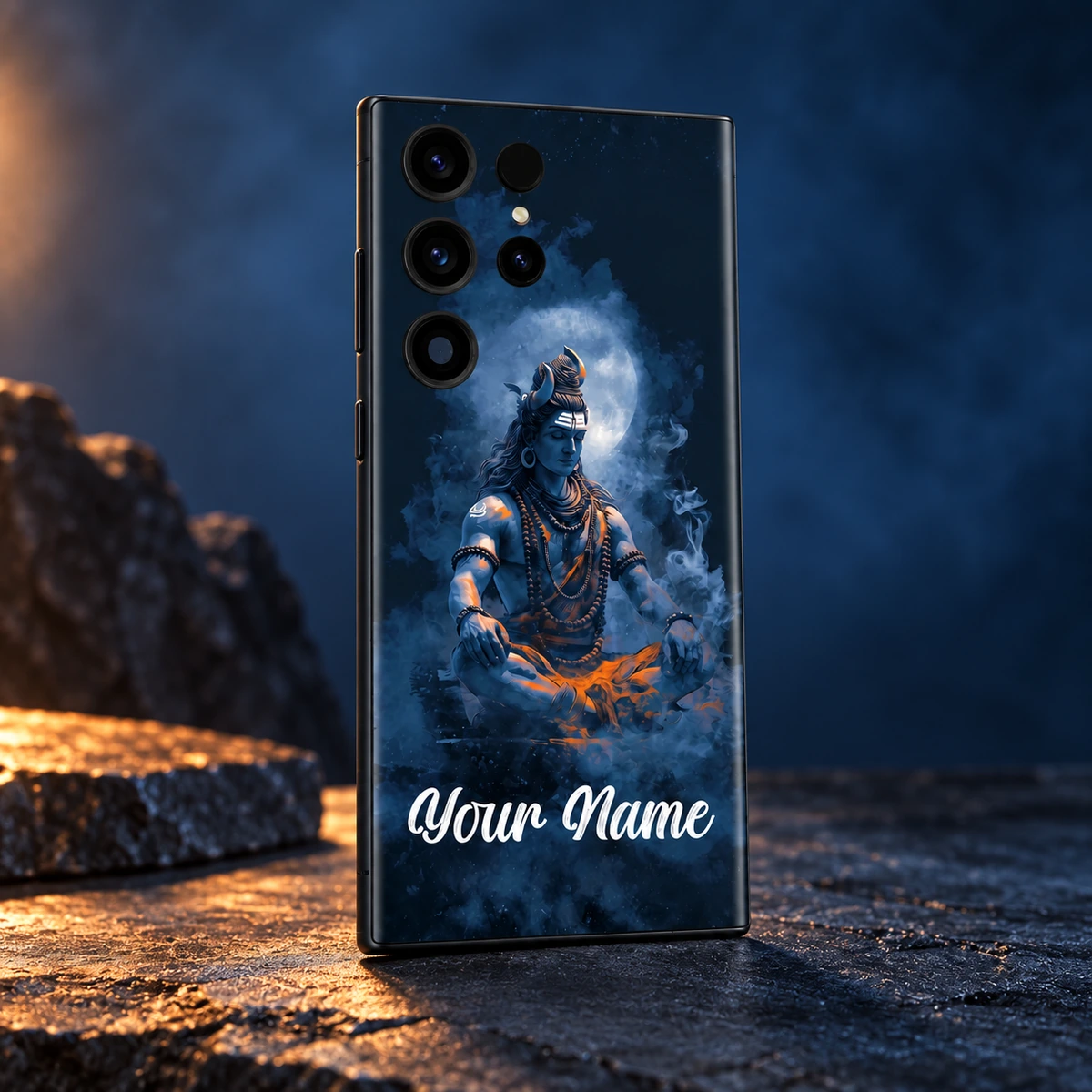 Lord Shiva Moonlight Custom Name Mobile Skin - Blue copper studio Lord Shiva custom name phone skin with orange accents in a blue and copper studio