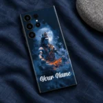 Shiva moonlight custom name mobile skin flat lay on navy linen with white Your Name sample