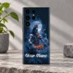 Close view of blue Shiva meditation artwork and white Your Name sample lettering on phone skin
