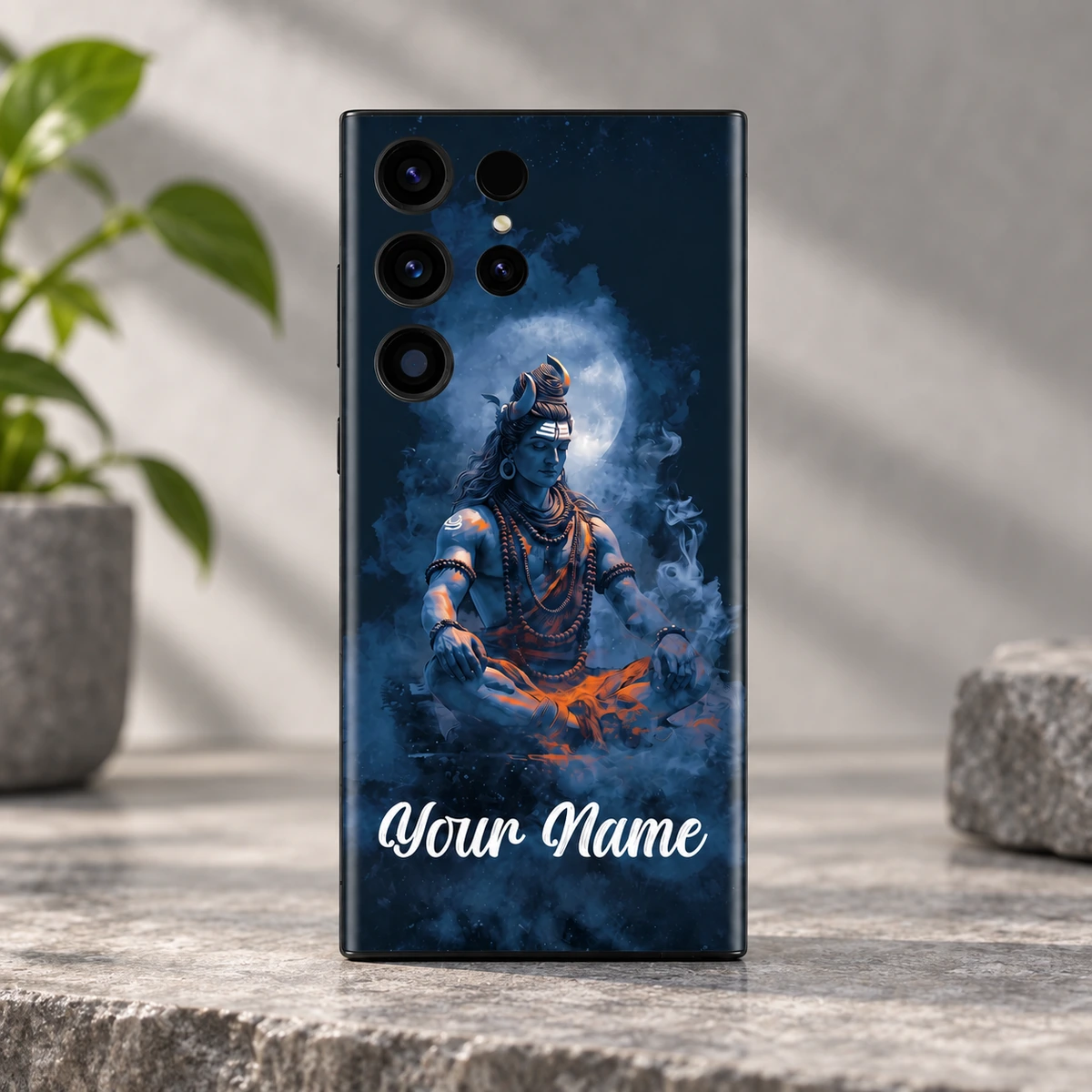 Lord Shiva Moonlight Custom Name Mobile Skin - Name and artwork detail Close view of blue Shiva meditation artwork and white Your Name sample lettering on phone skin