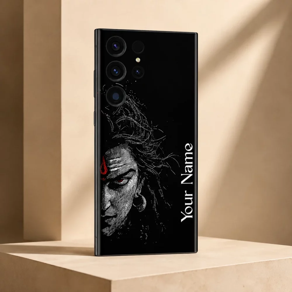 Mahadev Custom Name Mobile Skin — angled view showing monochrome Mahadev portrait on black with red accents and vertical white sample name