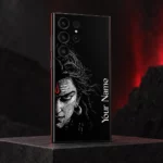 Mahadev half-face custom name mobile skin in a dark crimson studio