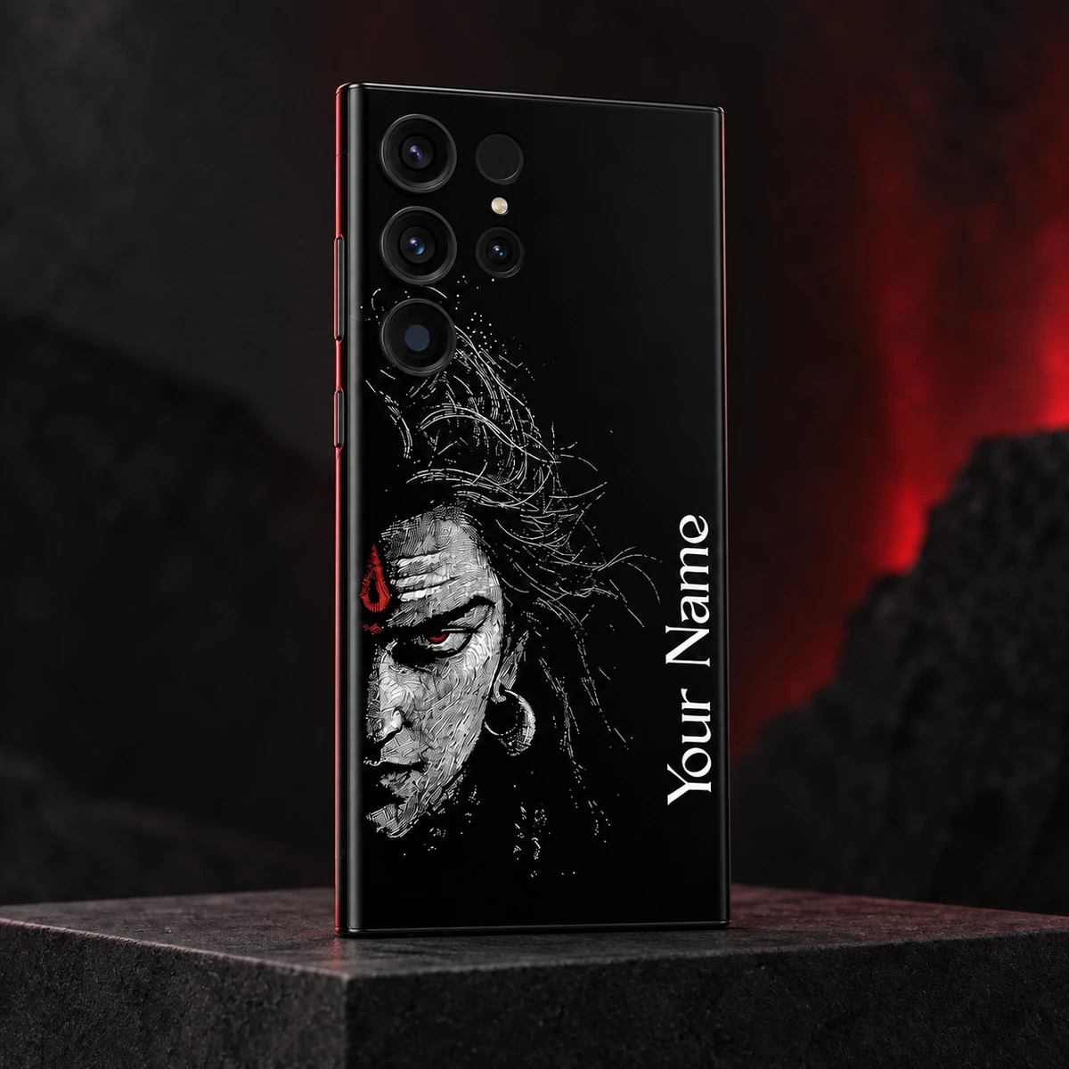 Mahadev Half Face Custom Name Mobile Skin - Crimson studio Mahadev half-face custom name mobile skin in a dark crimson studio