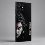 Close view of white Shiva half-face and vertical Your Name lettering on black mobile skin