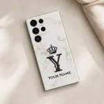 Royal White Marble Custom Name Mobile Skin — flat lay showing white marble with a black crown, Y monogram and sample name