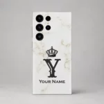 Royal White Marble Custom Name Mobile Skin — rear view showing white marble with a black crown, Y monogram and sample name