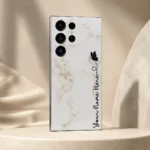 White Marble Butterfly Custom Name Mobile Skin — angled view showing white marble with a black butterfly and vertical cursive personalised name