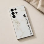 White Marble Butterfly Custom Name Mobile Skin — flat lay showing white marble with a black butterfly and vertical cursive personalised name