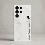 White Marble Butterfly Custom Name Mobile Skin — rear view showing white marble with a black butterfly and vertical cursive personalised name