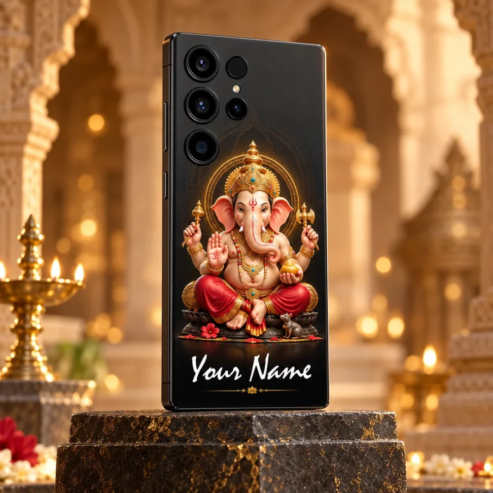 Rajadhiraj Ganesha custom name mobile skin with royal black gold artwork shown in angled view