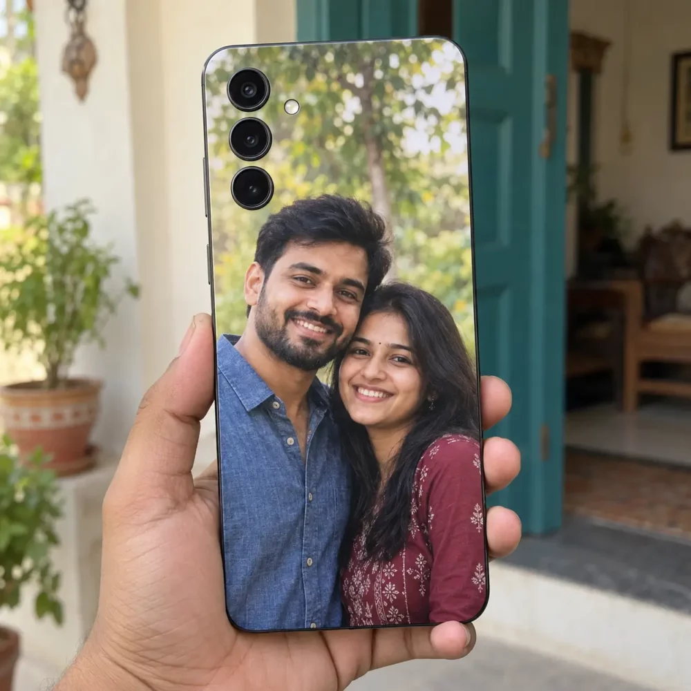 Wrappi custom photo mobile skin with a couple photo, shown held in a hand