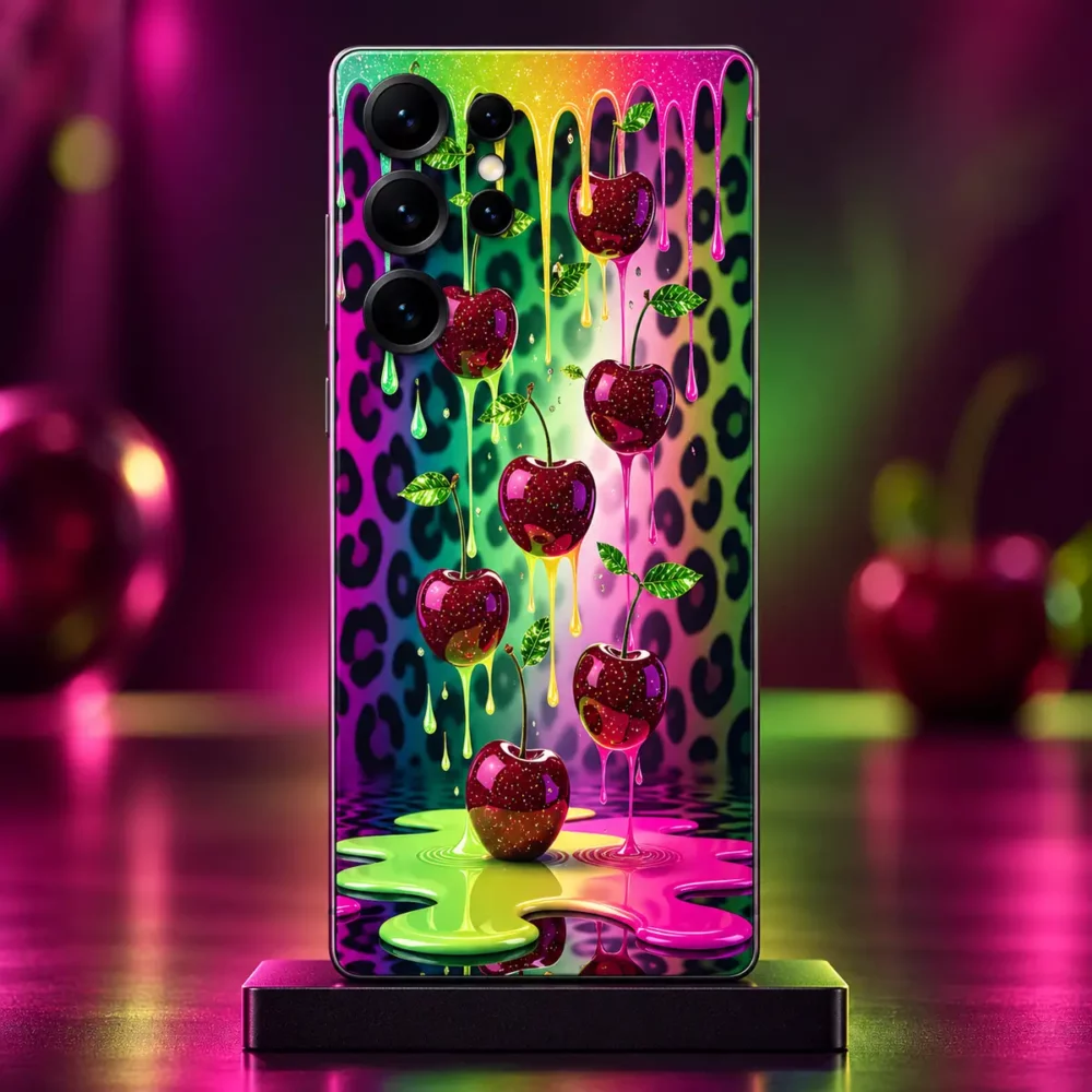 Neon Cherries Mobile Skin front view